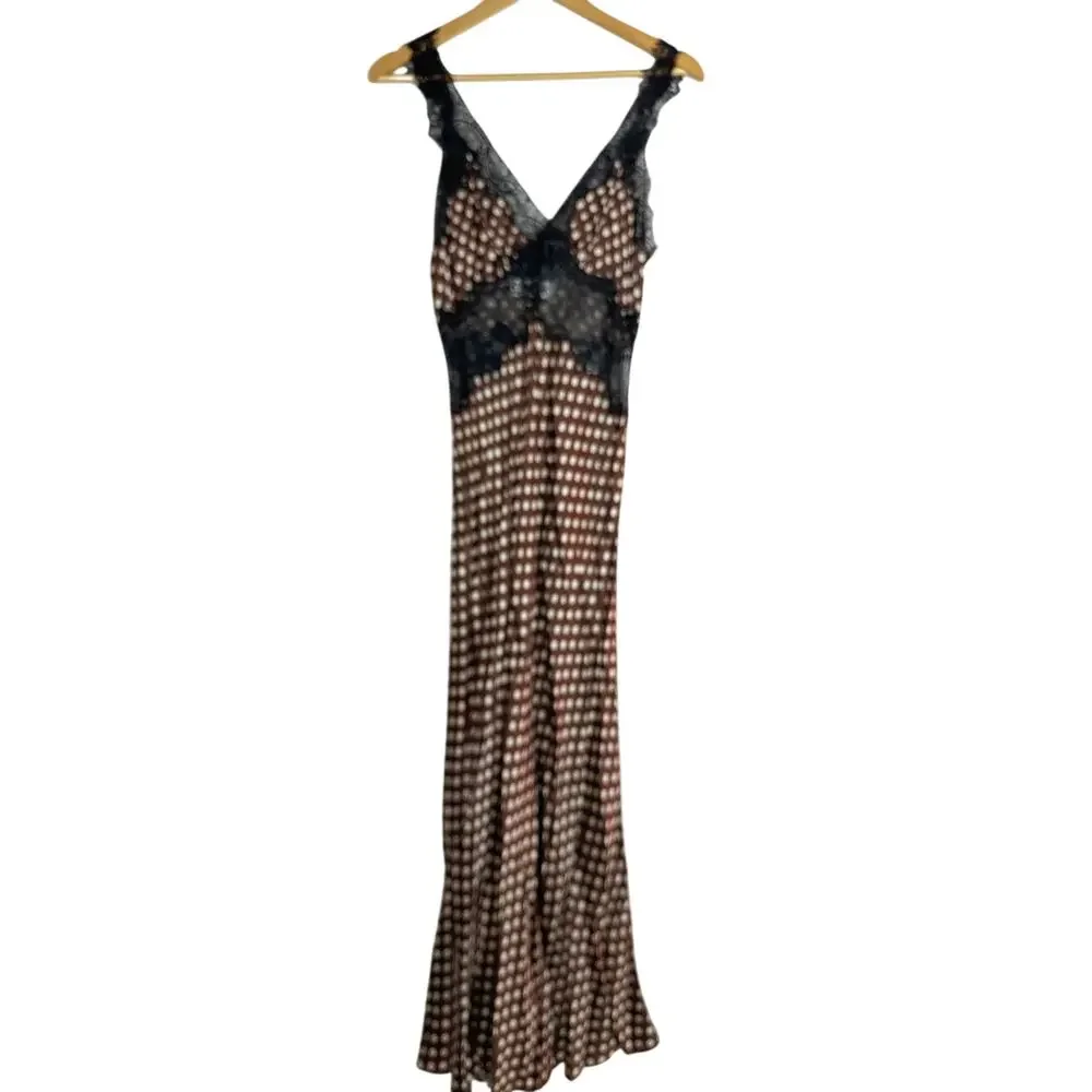 Ronny Kobo Holiday Dress Sleeveless V-Neck Lace Trim Midi Brown Polka Dot Medium - Picture 3 of 9